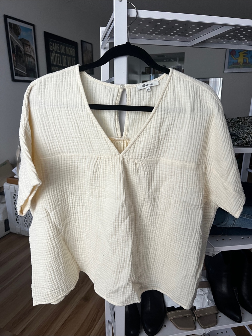 Madewell Cream Textured V-Neck Short Sleeve Top